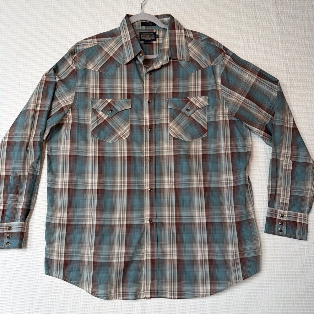 Pendleton Frontier Shirt XL Western Long Sleeve Men Brown Pearl Snap Plaid